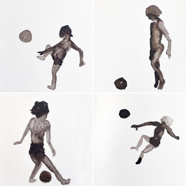 Drawing, Domburg 2017. Bister op papier. Jongen met voetbal